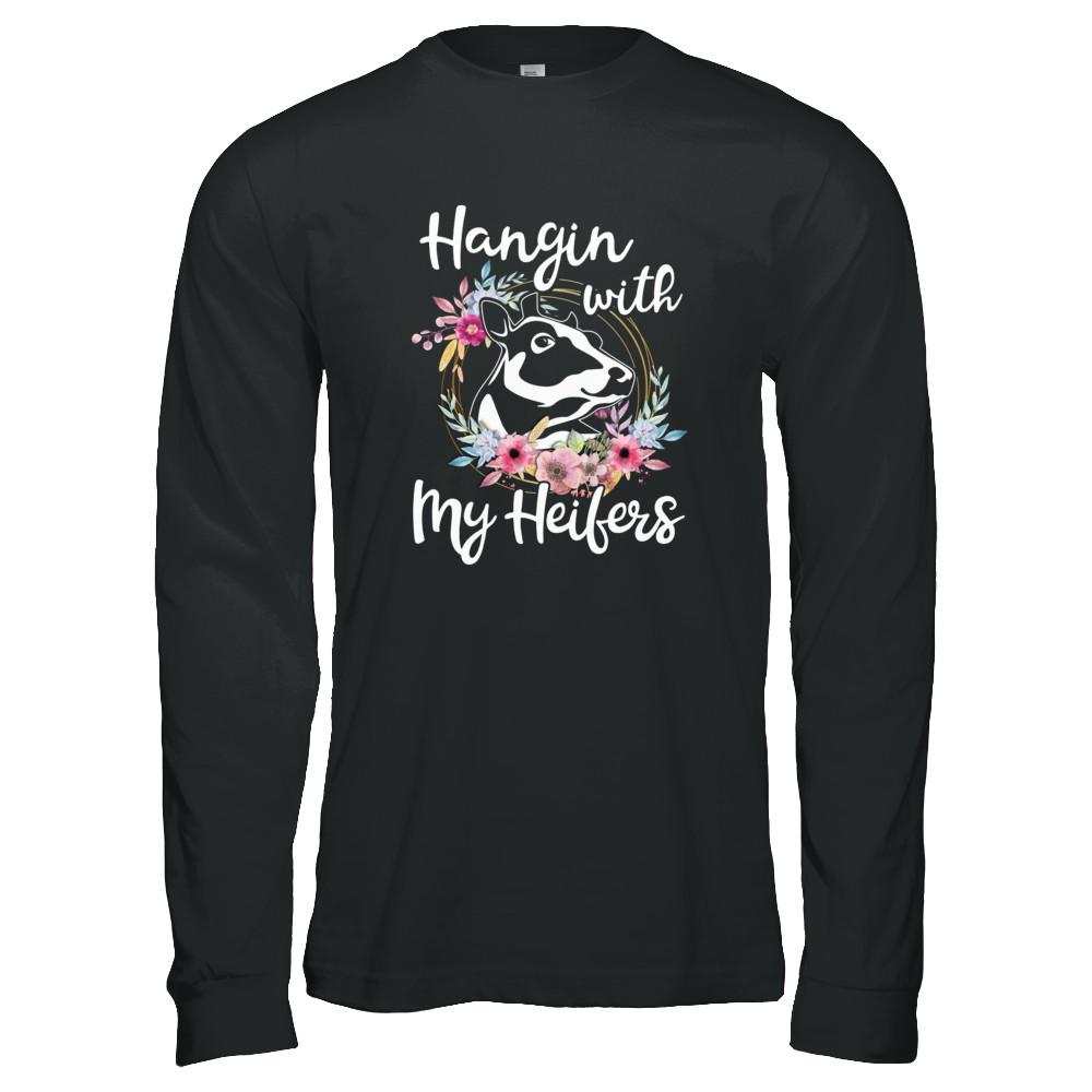 Hanging With My Heifers Flower Funny Cow Farmer-T-Shirt & Tank Top-Long Sleeve T-Shirt-Black