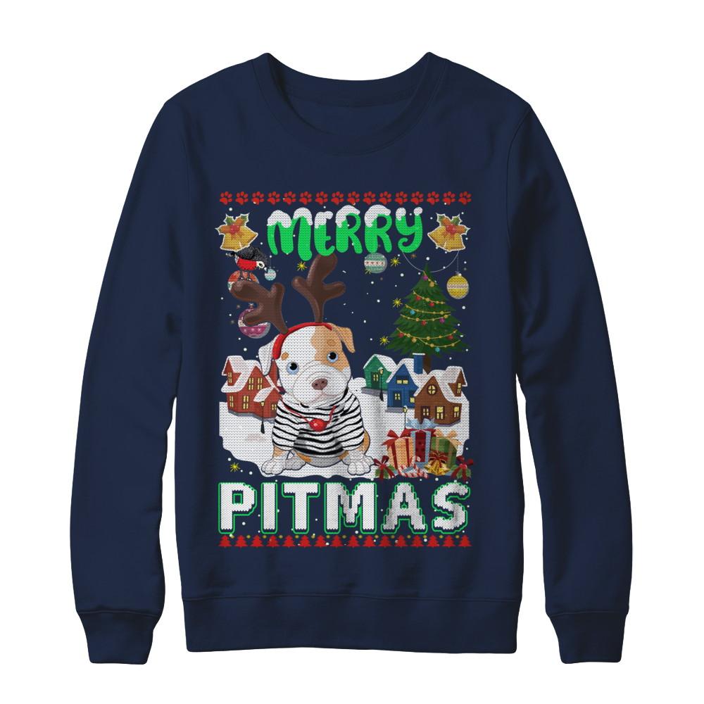 Cute Pitbull Christmas Merry Pigmas Ugly Sweater Christmas-T-Shirt & Sweatshirt-Crewneck Sweatshirt-Navy