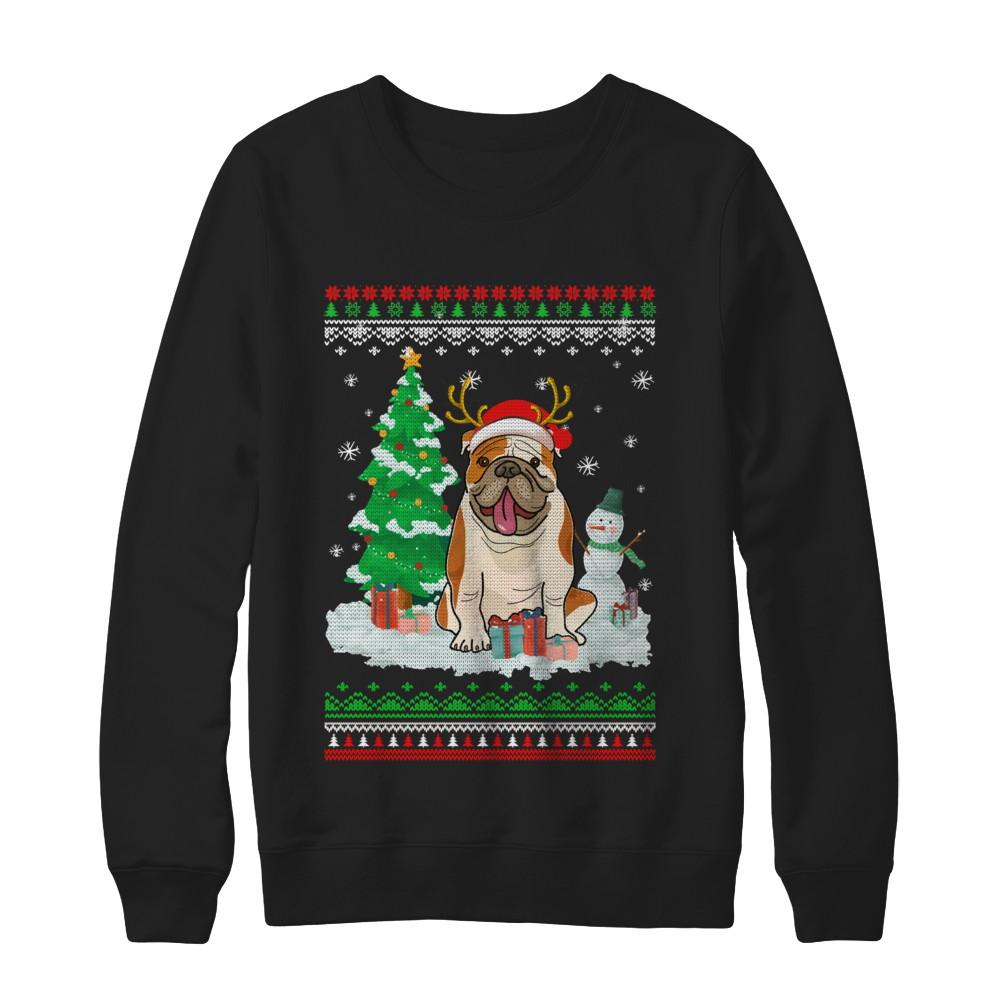 Cute Reindeer Bulldog Christmas Puppie Dog Sweater-T-Shirt & Sweatshirt-Crewneck Sweatshirt-Black