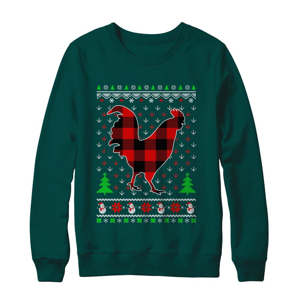 Funny Holiday Chicken Buffalo Plaid Ugly Christmas Sweater-T-Shirt & Sweatshirt-Crewneck Sweatshirt-Deep Forest