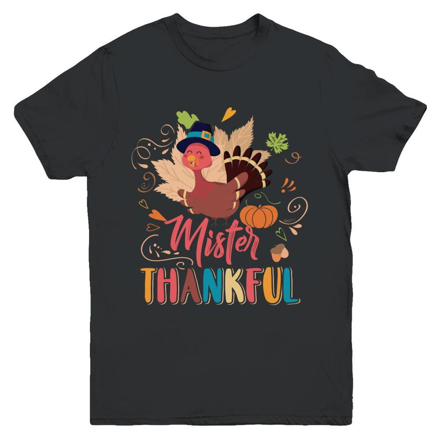 Cute Mister Thankful Turkey Thanksgiving Youth-Youth Shirt-Youth T-Shirt-Black