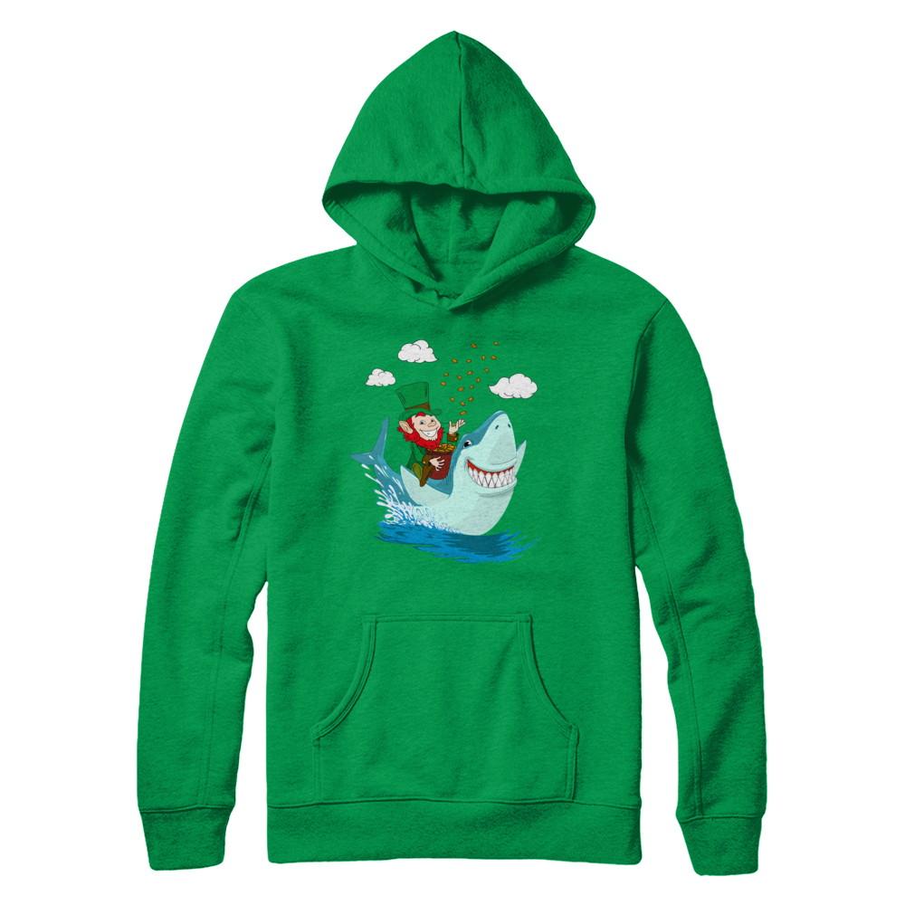 St Patricks Day Leprechaun Riding Shark-T-Shirt & Hoodie-Pullover Hoodie-Irish Green