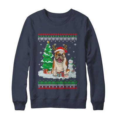 Cute Reindeer Bulldog Christmas Puppie Dog Sweater-T-Shirt & Sweatshirt-Crewneck Sweatshirt-Navy