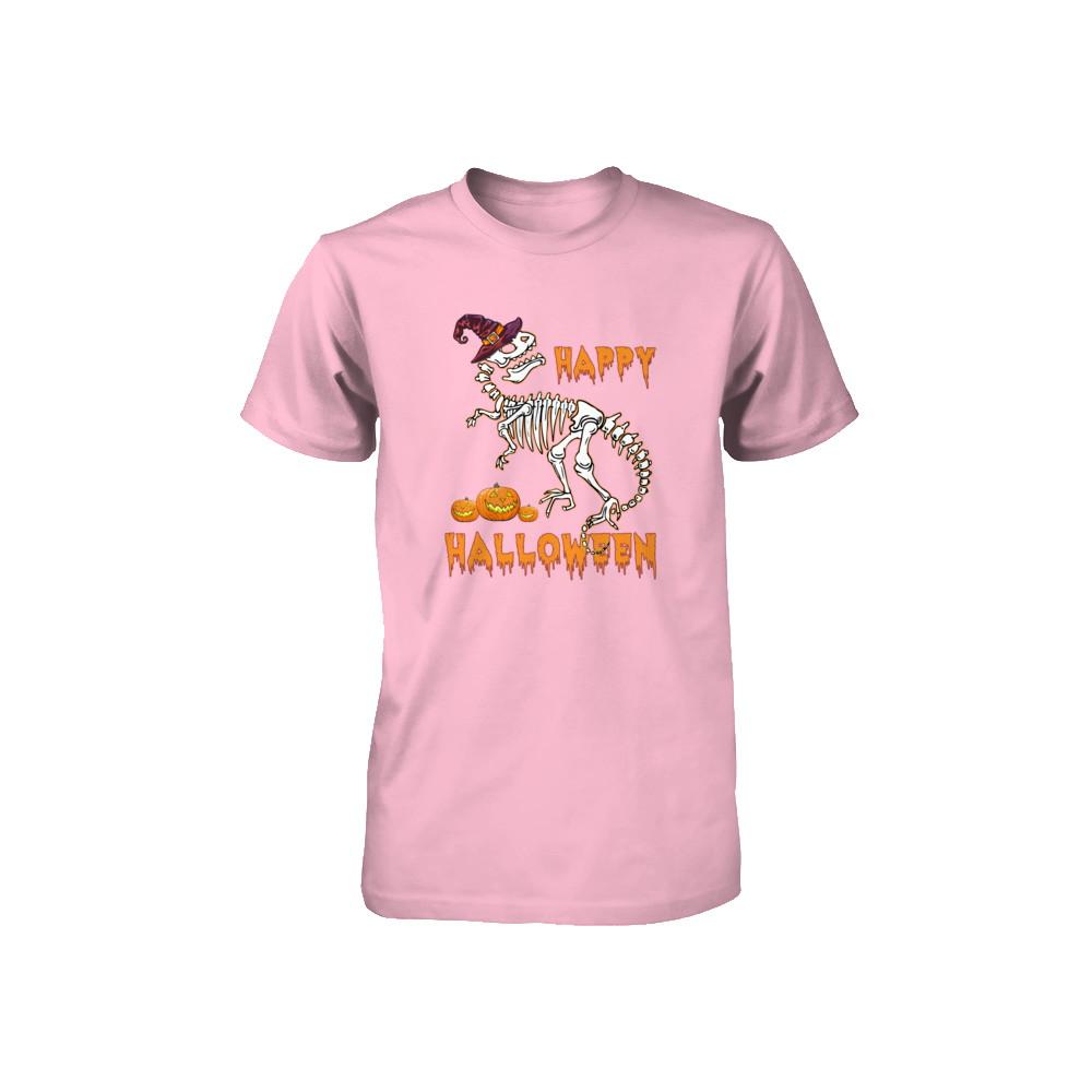 Funny Happy Halloween T-Rex Skeleton Dinosaur Youth-Youth Shirt-Youth T-Shirt-Neon Pink