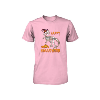 Funny Happy Halloween T-Rex Skeleton Dinosaur Youth-Youth Shirt-Youth T-Shirt-Neon Pink