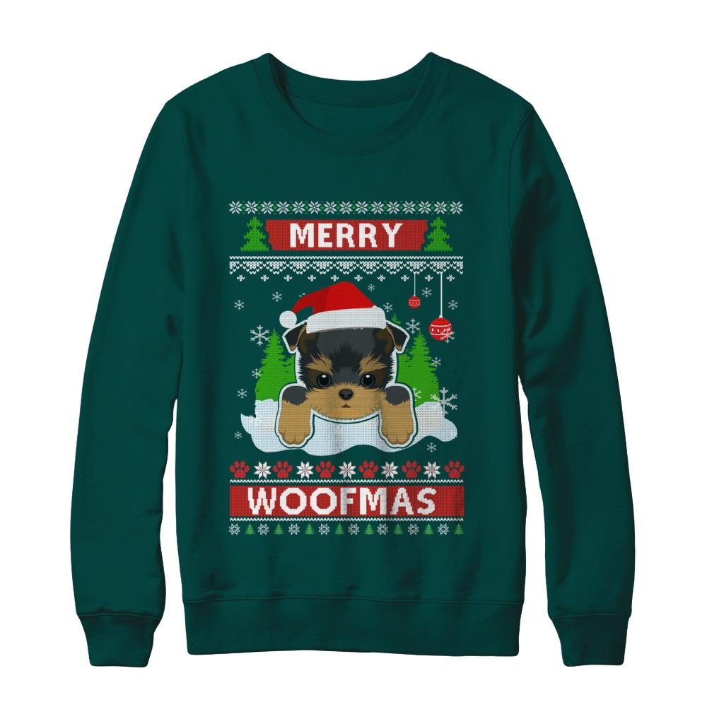 Yorkie Merry Woofmas Ugly Christmas Sweater-T-Shirt & Sweatshirt-Crewneck Sweatshirt-Deep Forest