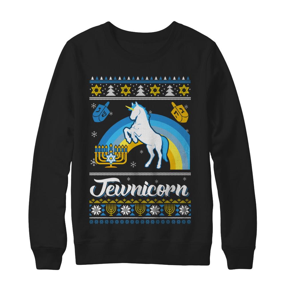 Funny Ugly Hanukkah Sweater Unicorn Jewnicorn-T-Shirt & Sweatshirt-Crewneck Sweatshirt-Black