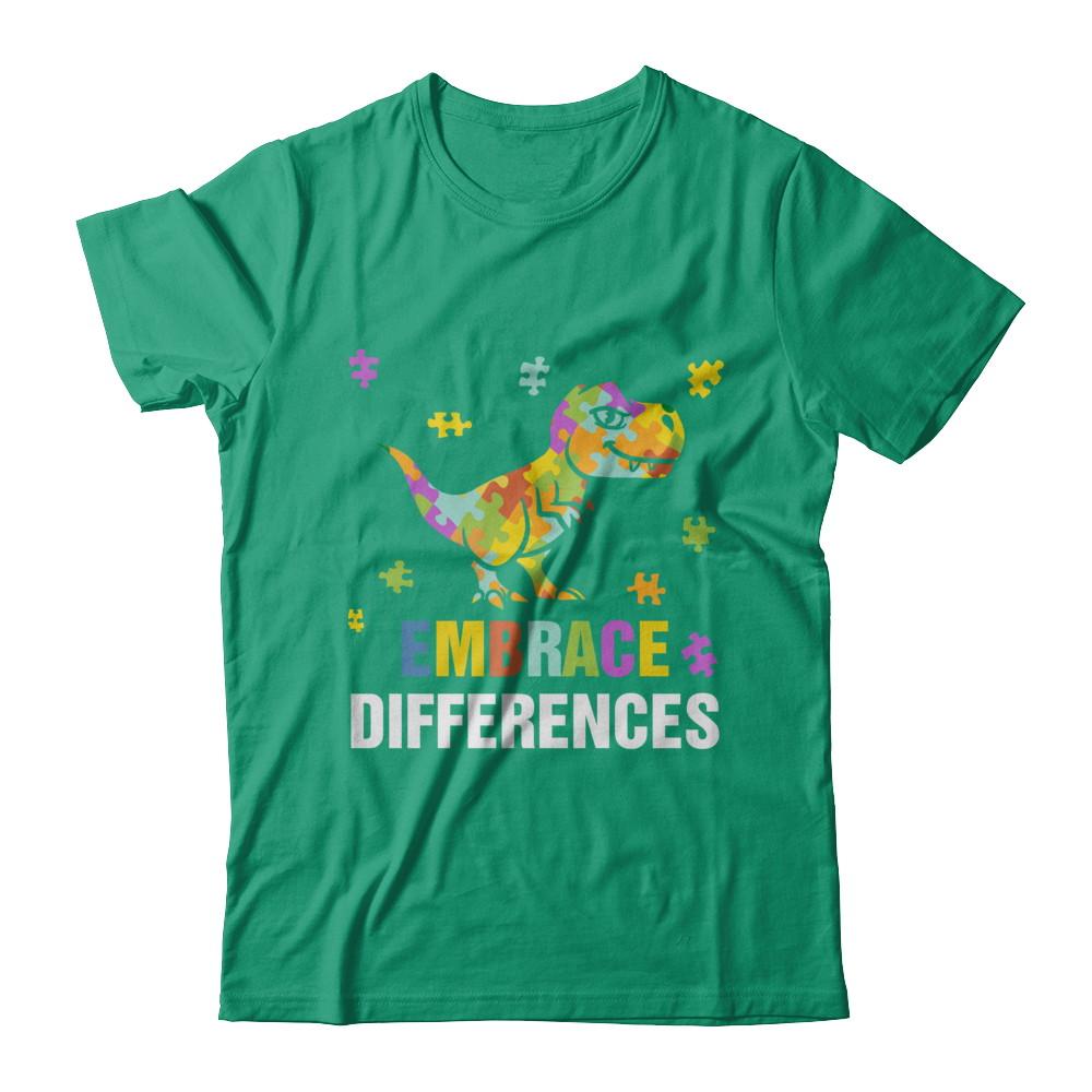 Autism Awareness Puzzle Piece Dinosaur Embrace Differences-T-Shirt & Hoodie-