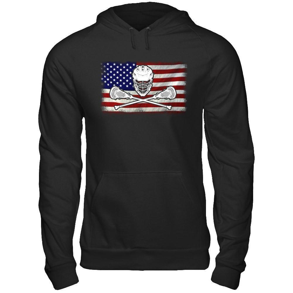 Lacrosse Helmet Crossed America Flag-T-Shirt & Hoodie-Pullover Hoodie-Black