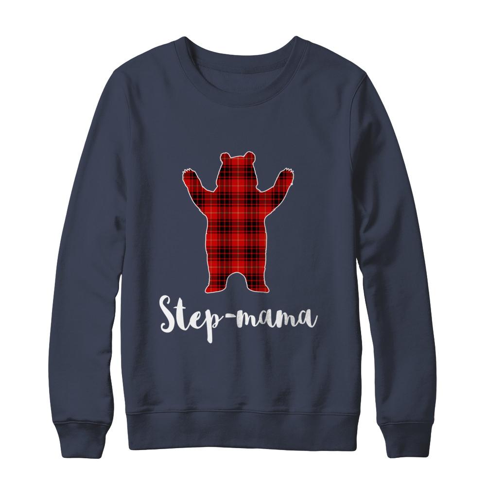 Red Step-Mama Bear Buffalo Plaid Family Christmas Pajamas-T-Shirt & Sweatshirt-Crewneck Sweatshirt-Navy