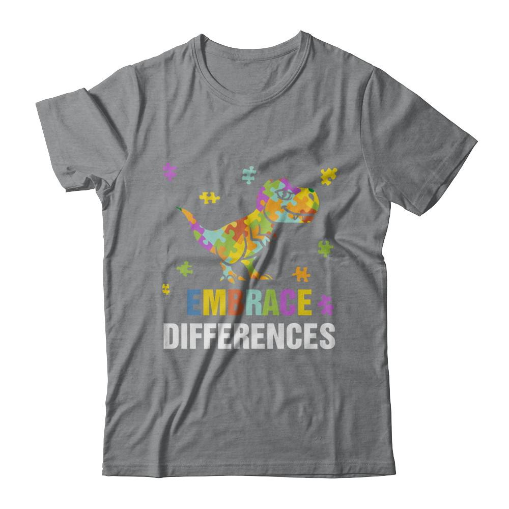 Autism Awareness Puzzle Piece Dinosaur Embrace Differences-T-Shirt & Hoodie-