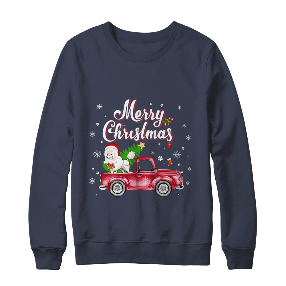 Poodle Retriever Rides Red Truck Christmas Pajama-T-Shirt & Sweatshirt-Crewneck Sweatshirt-Navy