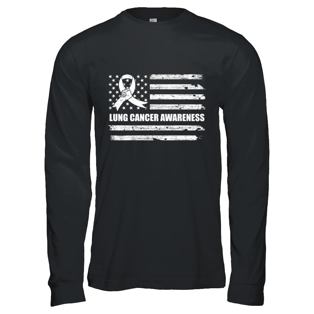 Clear Ribbon Lung Cancer Awareness US Flag-T-Shirt & Hoodie-Long Sleeve T-Shirt-Black