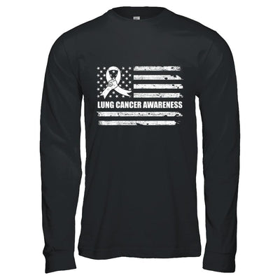 Clear Ribbon Lung Cancer Awareness US Flag-T-Shirt & Hoodie-Long Sleeve T-Shirt-Black