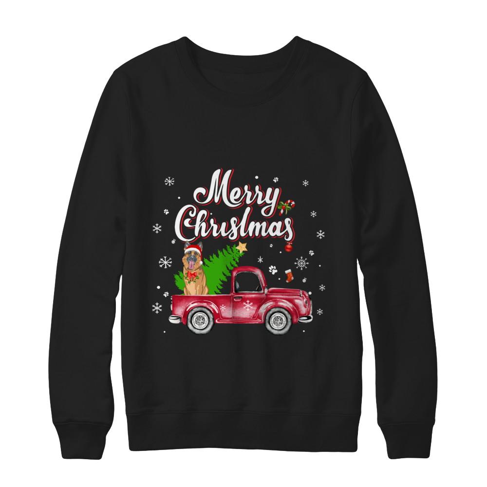 German Shepherd Retriever Rides Red Truck Christmas Pajama-T-Shirt & Sweatshirt-Crewneck Sweatshirt-Black