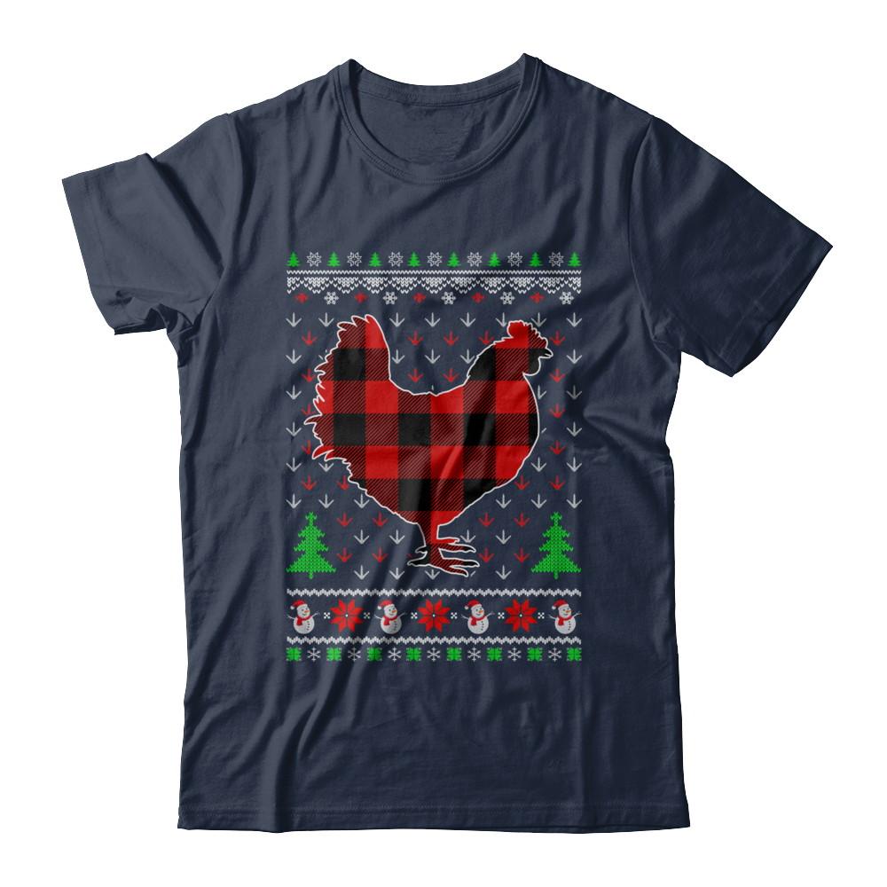 Funny Holiday Chicken Red Plaid Ugly Christmas Sweater-T-Shirt & Sweatshirt-Classic T-Shirt-Navy