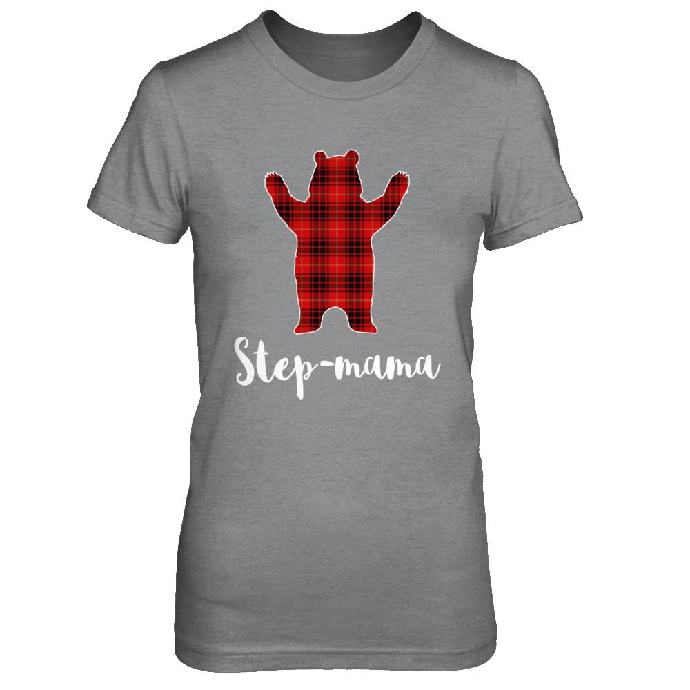 Red Step-Mama Bear Buffalo Plaid Family Christmas Pajamas-T-Shirt & Sweatshirt-Women's T-Shirt-Sport Grey