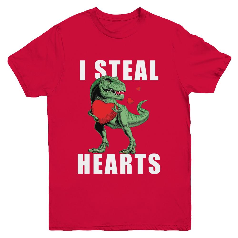 I Steal Hearts Funny Valentines Day Dinosaur T-Rex Boys Youth-Youth Shirt-Youth T-Shirt-Red