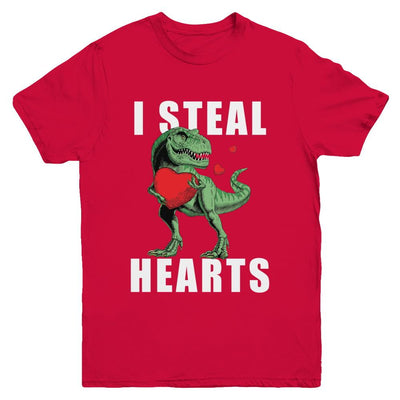 I Steal Hearts Funny Valentines Day Dinosaur T-Rex Boys Youth-Youth Shirt-Youth T-Shirt-Red