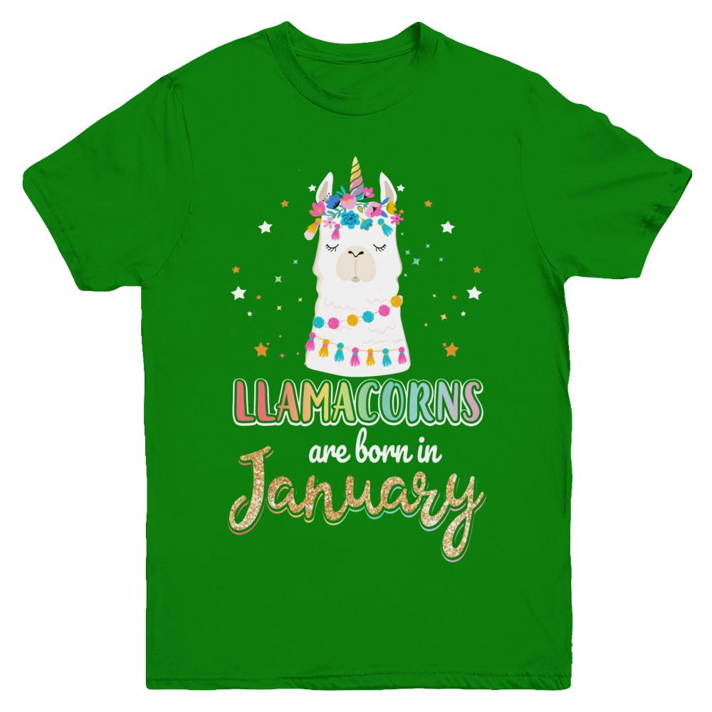 Llama Unicorn Llamacorns Born In January Birthday Gift Youth-Youth Shirt-Youth T-Shirt-Irish Green