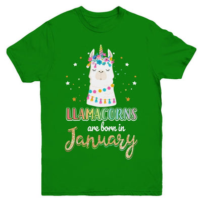 Llama Unicorn Llamacorns Born In January Birthday Gift Youth-Youth Shirt-Youth T-Shirt-Irish Green