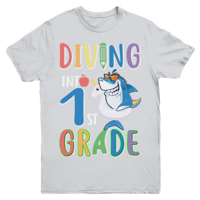 Diving Into 1st Grade Back To School Shark Youth-Youth Shirt-Youth T-Shirt-Sport Grey