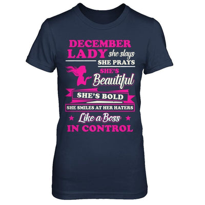 December Lady She Slays She Prays She's Beautiful She's Bold-T-Shirt & Hoodie-Women's T-Shirt-Navy