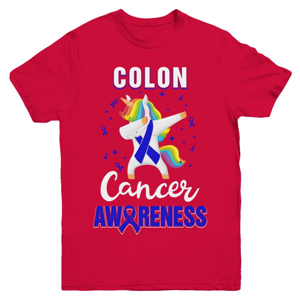 Inspirational Colon Cancer Awareness Unicorn Support Youth-Youth Shirt-Youth T-Shirt-Red