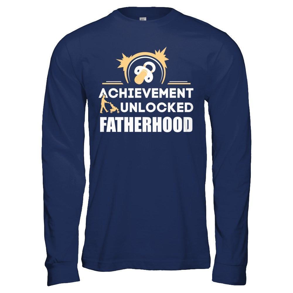Achievement Unlocked Fatherhood First Time Dad-T-Shirt & Hoodie-Long Sleeve T-Shirt-Navy