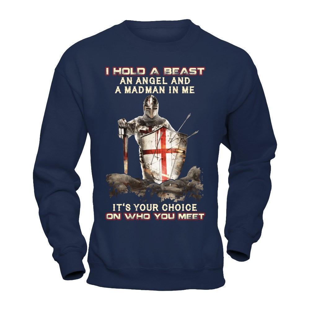 Knight Templar I Hold A Beast An Angel And A Madman In Me-T-Shirt & Hoodie-Crewneck Sweatshirt-Navy