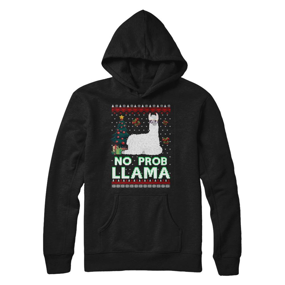 No Prob Llama No Drama Christmas Alpaca Sweater-T-Shirt & Sweatshirt-Pullover Hoodie-Black