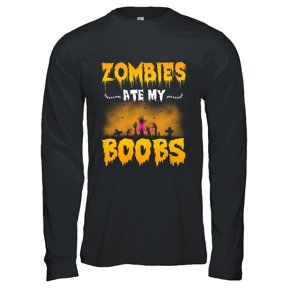 Zombies Ate My Boobs Breast Cancer Pink Halloween-T-Shirt & Hoodie-Long Sleeve T-Shirt-Black