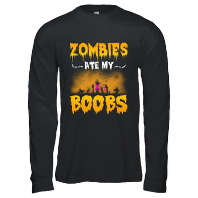 Zombies Ate My Boobs Breast Cancer Pink Halloween-T-Shirt & Hoodie-Long Sleeve T-Shirt-Black