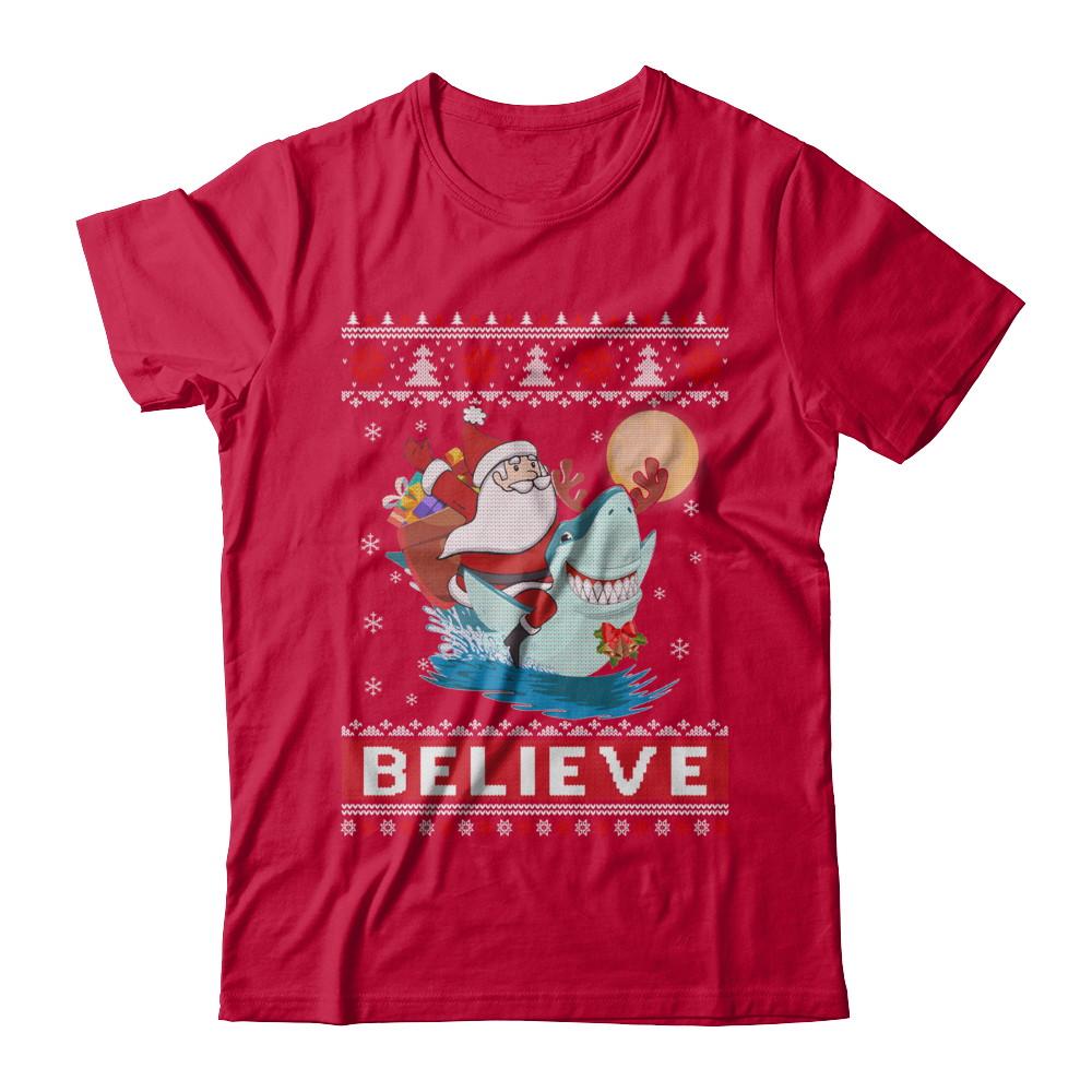 Believe In Santa Riding Shark Ugly Christmas Sweater-T-Shirt & Sweatshirt-Classic T-Shirt-Red