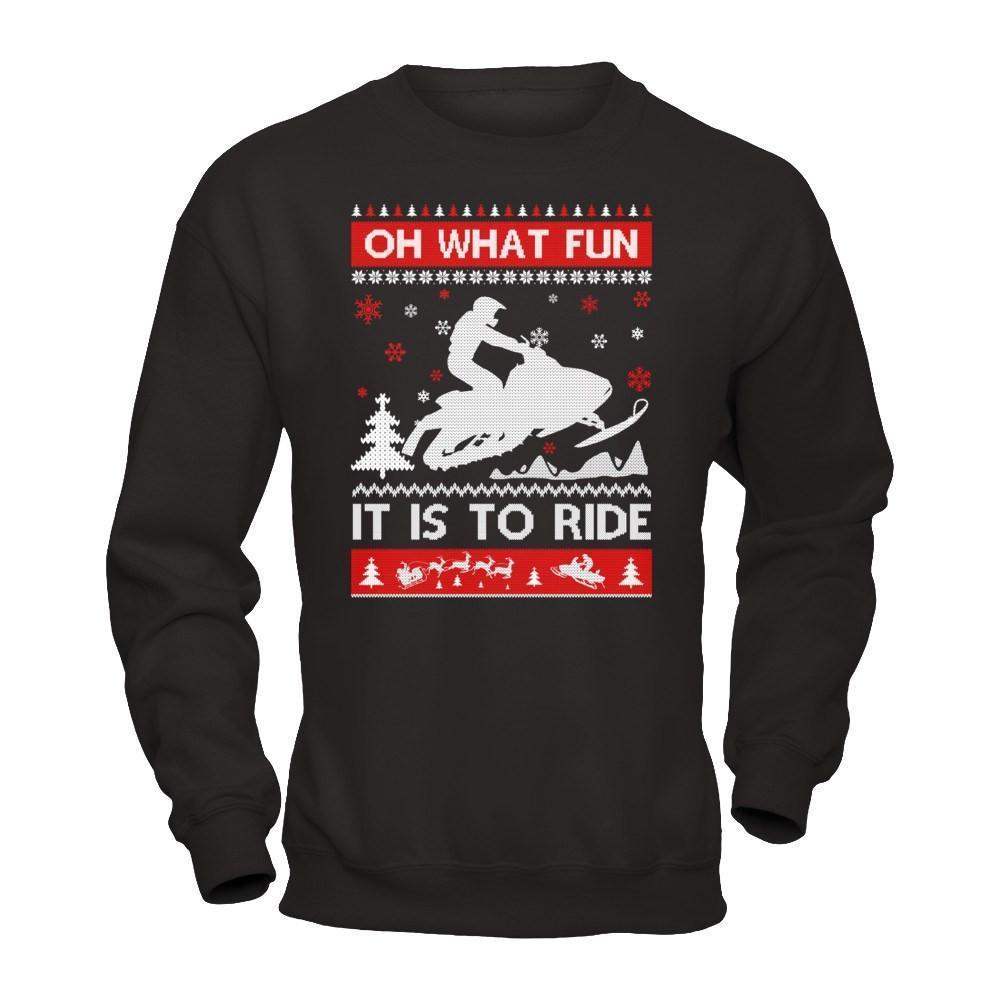 Snowmobile Sweater Christmas Oh What Fun It Is To Ride-T-Shirt & Hoodie-Crewneck Sweatshirt-Black