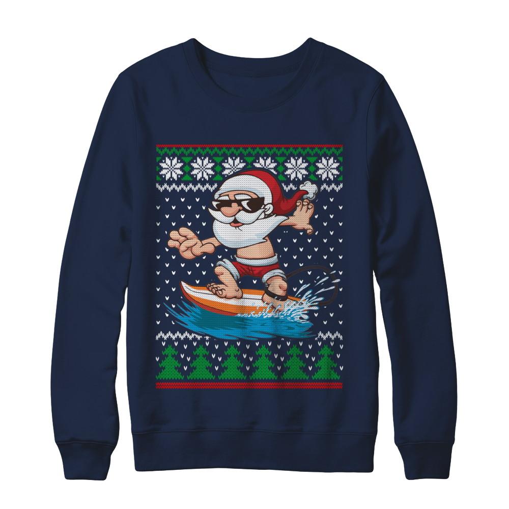 Santa Surfing Hawaiian Summer Christmas Ugly Sweater-T-Shirt & Sweatshirt-Crewneck Sweatshirt-Navy