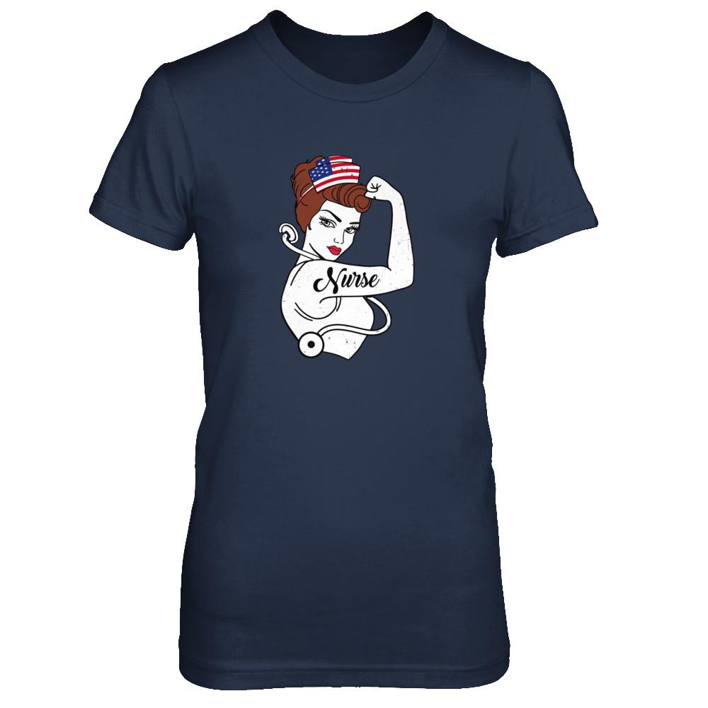 Nurse Vet Strong Woman American Flag Nursing 4Th Of July-T-Shirt & Tank Top-Women's T-Shirt-Navy