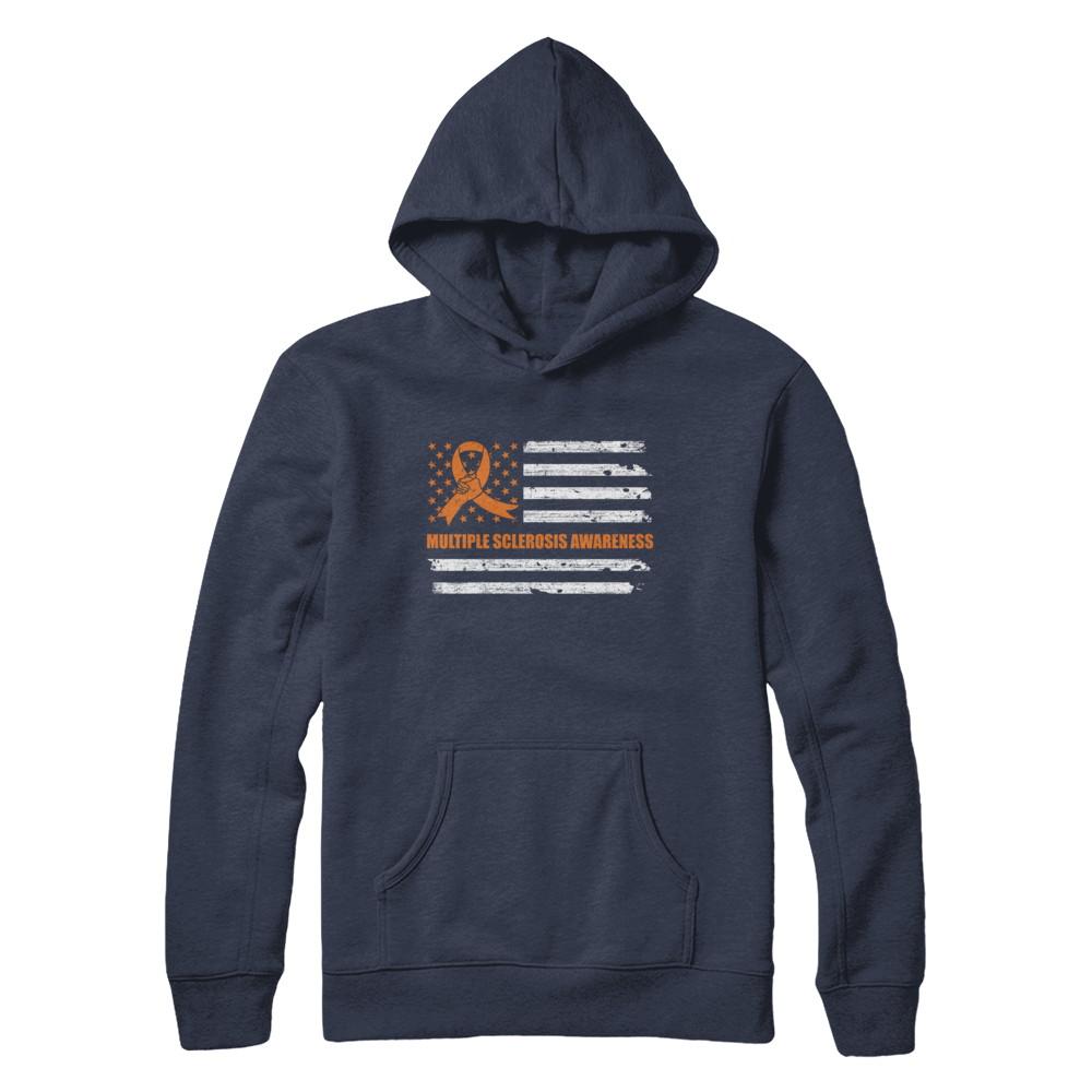 Orange Ribbon Multiple Sclerosis Awareness US Flag-T-Shirt & Hoodie-Pullover Hoodie-Navy