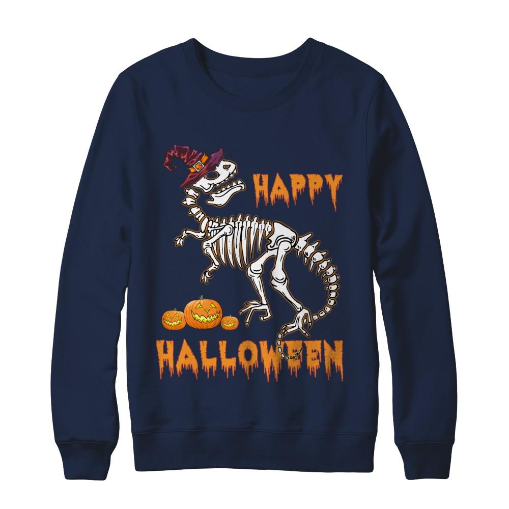 Funny Happy Halloween T-Rex Skeleton Dinosaur-T-Shirt & Sweatshirt-Crewneck Sweatshirt-Navy
