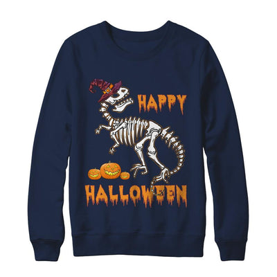Funny Happy Halloween T-Rex Skeleton Dinosaur-T-Shirt & Sweatshirt-Crewneck Sweatshirt-Navy