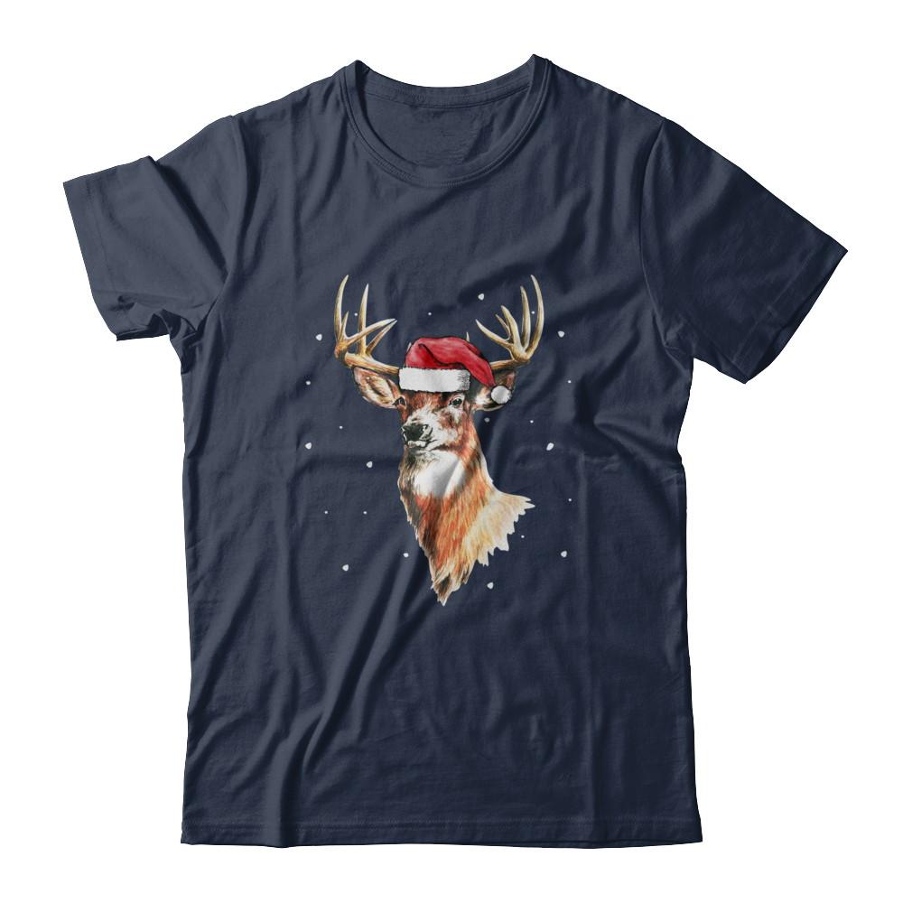 Christmas Pajama Deer With Santa Hat Hunting Hunter-T-Shirt & Sweatshirt-Classic T-Shirt-Navy