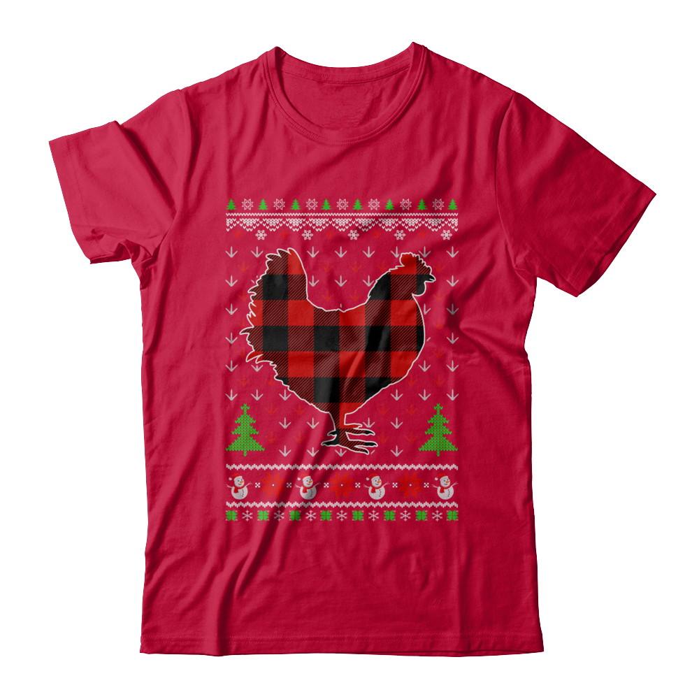 Funny Holiday Chicken Red Plaid Ugly Christmas Sweater-T-Shirt & Sweatshirt-Classic T-Shirt-Red