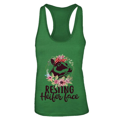 Funny Farmer Women Girl Cow Resting Heifer Face-T-Shirt & Tank Top-Women's Ideal Racerback Tank-Kelly Green