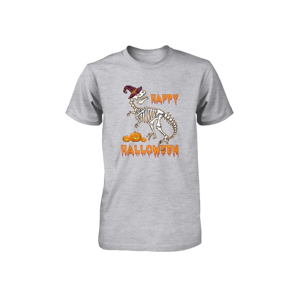 Funny Happy Halloween T-Rex Skeleton Dinosaur Youth-Youth Shirt-Youth T-Shirt-Athletic Heather