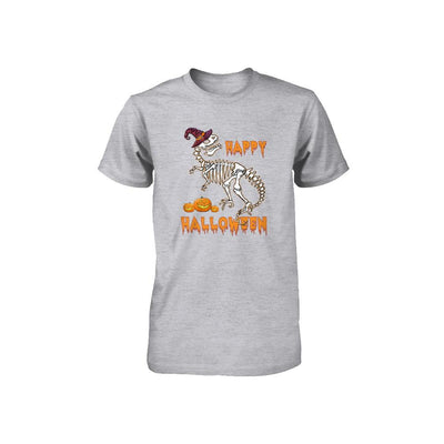 Funny Happy Halloween T-Rex Skeleton Dinosaur Youth-Youth Shirt-Youth T-Shirt-Athletic Heather