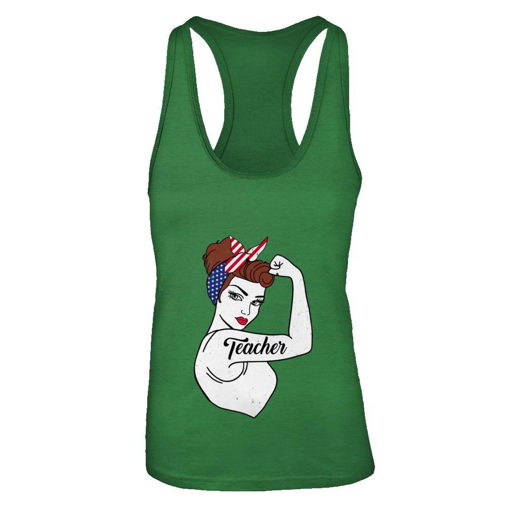 Teacher Vet Strong Woman American Flag Nursing 4Th Of July-T-Shirt & Tank Top-Women's Ideal Racerback Tank-Kelly Green