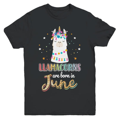 Llama Unicorn Llamacorns Born In June Birthday Gift Youth-Youth Shirt-Youth T-Shirt-Black