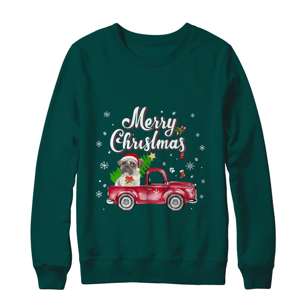 Pug Retriever Rides Red Truck Christmas Pajama-T-Shirt & Sweatshirt-Crewneck Sweatshirt-Deep Forest