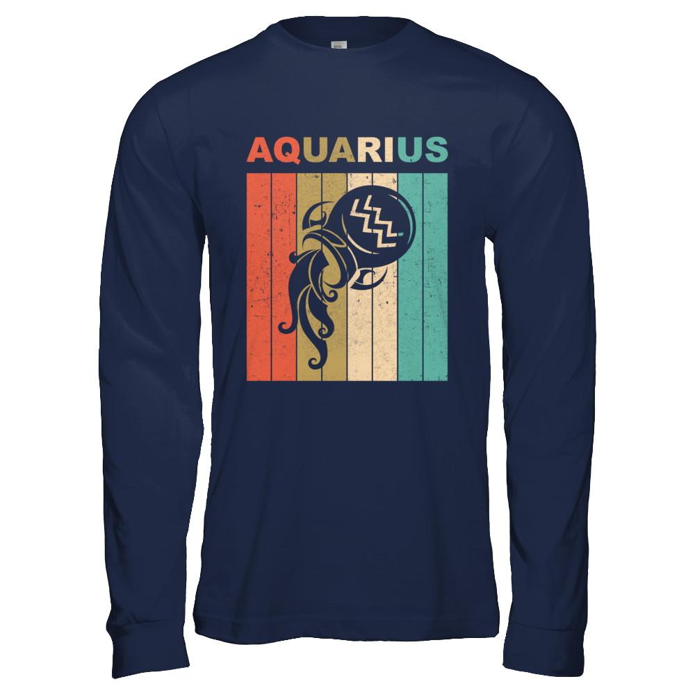 Vintage Aquarius Zodiac January February Birthday Gift-T-Shirt & Hoodie-Long Sleeve T-Shirt-Navy