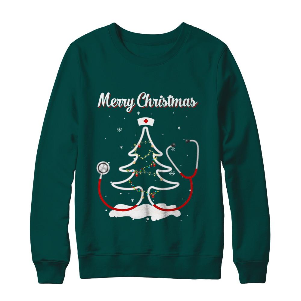 Merry Christmas Stethoscope Nurse Christmas Tree Xmas-T-Shirt & Sweatshirt-Crewneck Sweatshirt-Deep Forest